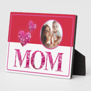 ピンクのフローラハート, "MOM"文字,赤い白い写真 フォトプラーク
