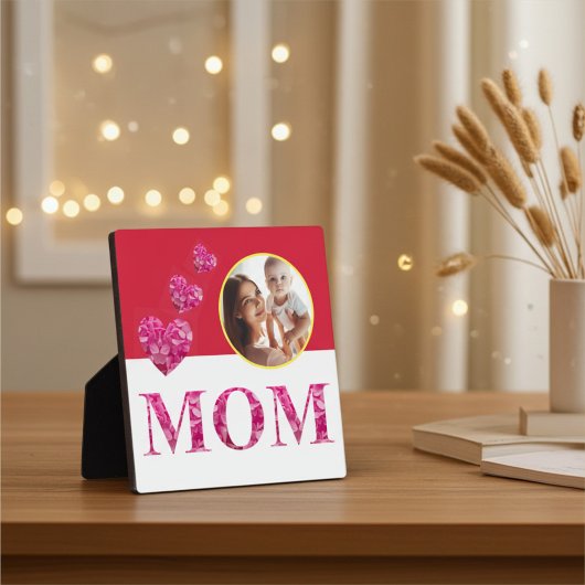 ピンクのフローラハート"MOM"赤い黄色の白い写真 フォトプラーク