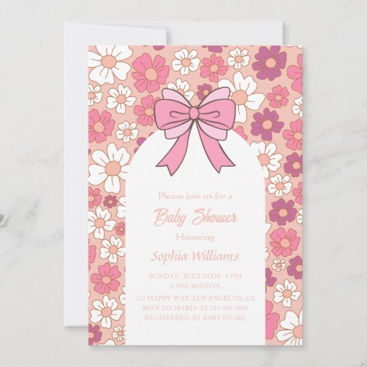 ピンクのフローラバウ赤ちゃんシャワー – 女の子の赤ちゃんシャワー 招待状 (正面)