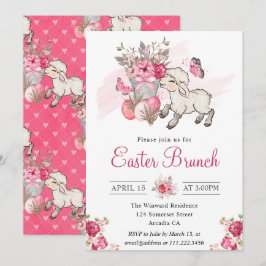 ピンクのフローラバスケットと可愛いラムイースターブランチ 招待状