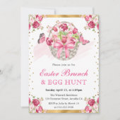 ピンクのフローラバスケットと蝶イースターブランチ 招待状 (正面)