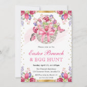 ピンクのフローラバスケットと蝶イースターブランチ 招待状 (正面)