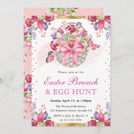 ピンクのフローラバスケットと蝶イースターブランチ 招待状 (正面/裏面)