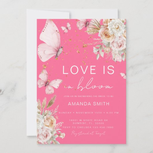 ピンクのフローラバタフライラブイン開花ブライダルシャワー 招待状 (正面)