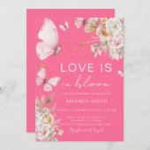 ピンクのフローラバタフライラブイン開花ブライダルシャワー 招待状 (正面/裏面)