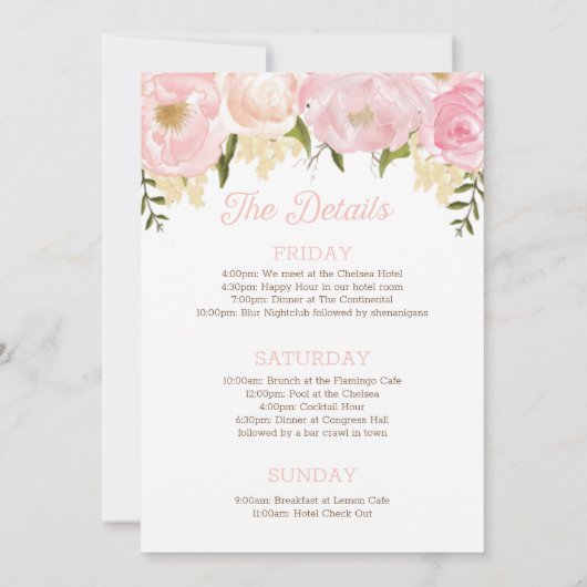 ピンクのフローラバチェロレッテ週末の日程 招待状 (裏面)