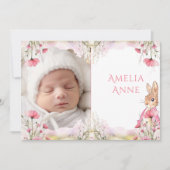 ピンクのフローラバニーのベビーガール誕生のお知らせ 招待状 (正面)