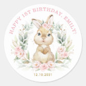 ピンクのフローラバニーラビットハッピーバースデーの好意 ラウンドシール (正面)