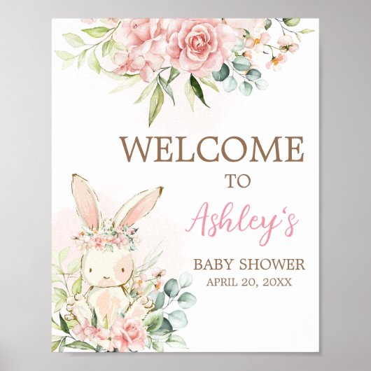 ピンクのフローラバニーラビットベビーシャワーウェルカム ポスター (正面)