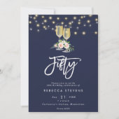 ピンクのフローラバブリーのネイビーライト50th誕生日 招待状 (正面)