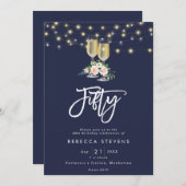 ピンクのフローラバブリーのネイビーライト50th誕生日 招待状 (正面/裏面)
