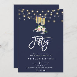 ピンクのフローラバブリーのネイビーライト50th誕生日 招待状