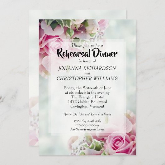 ピンクのフローラバラと牡丹結婚のリハーサルディナー 招待状 (正面/裏面)