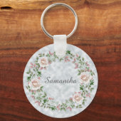 ピンクのフローラバラのリースと葉ライトブルーの キーホルダー (正面)