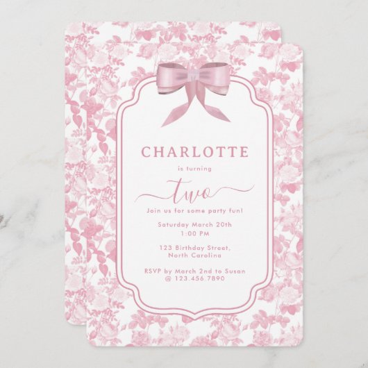 ピンクのフローラバラチノイスリーガールバースデーパーティー 招待状 (正面/裏面)