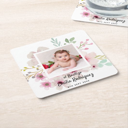 ピンクのフローラバラフォトボーティゾバプティスマの女の子の名前 スクエアペーパーコースター (アングル)