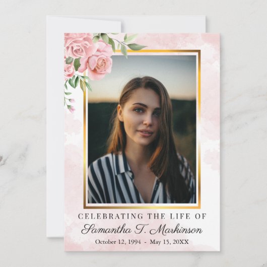 ピンクのフローラバラ写真水の色の順序サービス 招待状 (正面)