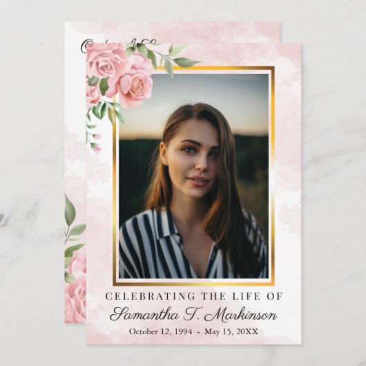 ピンクのフローラバラ写真水の色の順序サービス 招待状 (正面/裏面)