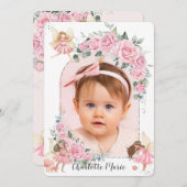 ピンクのフローラバラ妖精アーチ誕生日写真 招待状 (正面/裏面)
