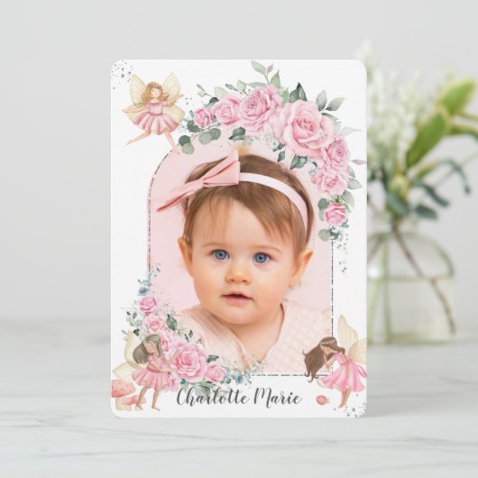 ピンクのフローラバラ妖精アーチ誕生日写真 招待状 (スタンド正面)