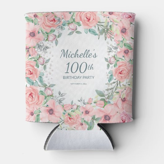 ピンクのフローラバラ100番目の誕生日名写真 缶クーラー