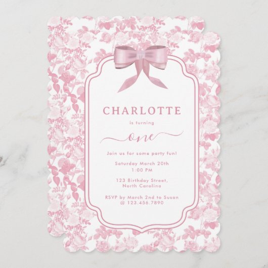 ピンクのフローラバラChinoiserie 1st女の子誕生日 招待状 (正面/裏面)