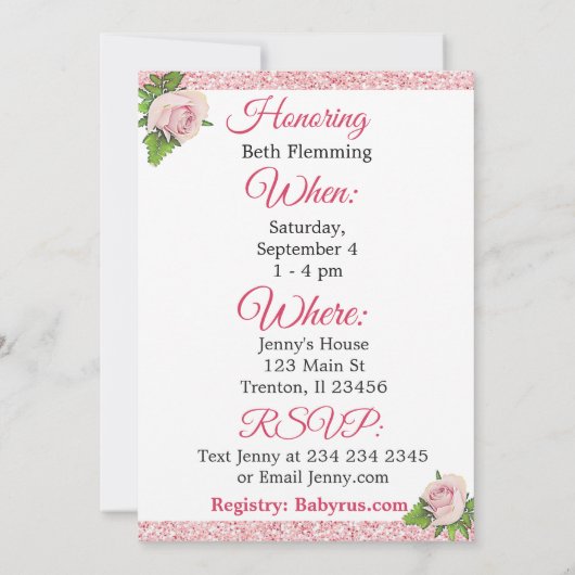 ピンクのフローラバラts女の子ベビーシャワー招待状 招待状 (裏面)