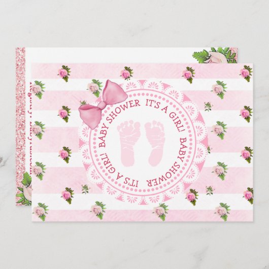 ピンクのフローラバラts女の子ベビーシャワー招待状 招待状 (正面/裏面)