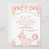 ピンクのフローラバルーンこの小さな子豚の1番目の誕生日 招待状 (正面)