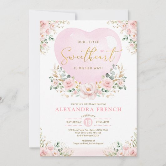 ピンクのフローラバルーンスイートベビーガールシャワー 招待状 (正面)