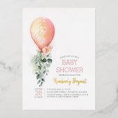 ピンクのフローラバルーン女の子の赤ちゃんシャワー 箔招待状 (正面)