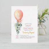 ピンクのフローラバルーン女の子の赤ちゃんシャワー 箔招待状 (立ち正面)
