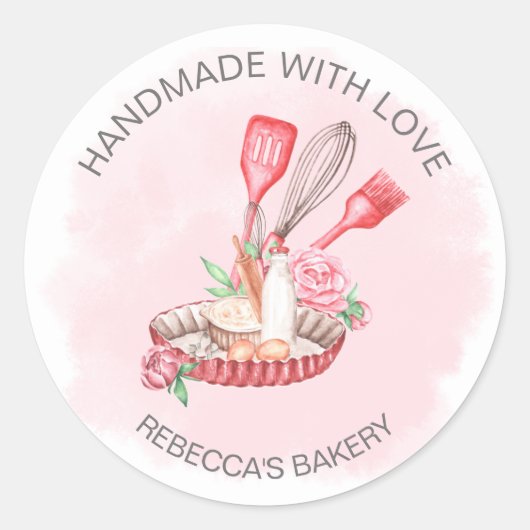 ピンクのフローラパティシエ手作りラブステッカー ラウンドシール (正面)