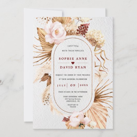 ピンクのフローラパンパスグラス離れパームの全てが一つ 招待状 (正面)