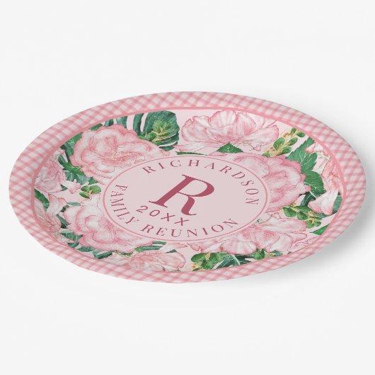 ピンクのフローラパーソナライズされたファミリー懇親会パーティー ペーパープレート (アングル)