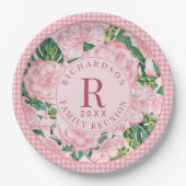 ピンクのフローラパーソナライズされたファミリー懇親会パーティー ペーパープレート (正面)