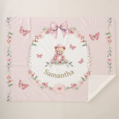 ピンクのフローラファンタジーズとテディベアハグ シェルパブランケット (正面(横))