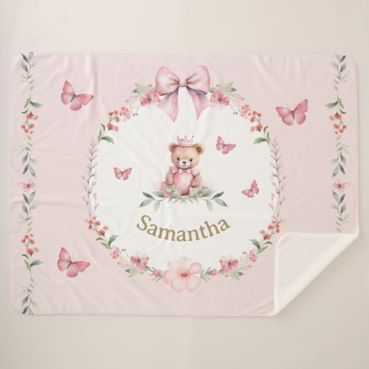 ピンクのフローラファンタジーズとテディベアハグ シェルパブランケット (正面(横))