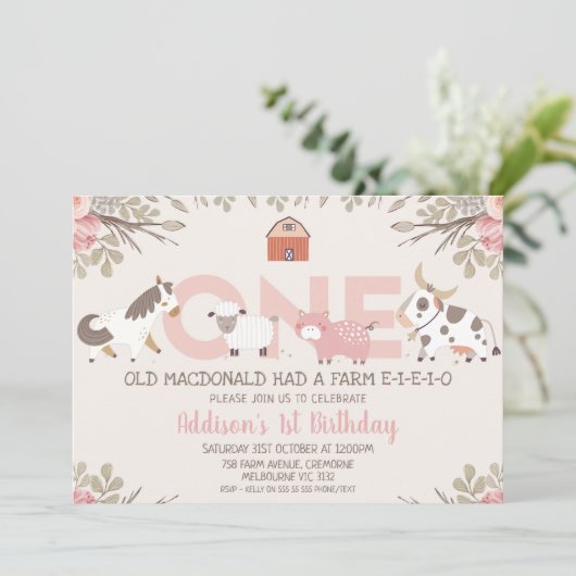 ピンクのフローラファームファーミヤール1歳の誕生日 招待状 (スタンド正面)