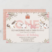 ピンクのフローラファームファーミヤール1歳の誕生日 招待状 (正面/裏面)