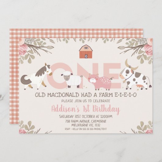 ピンクのフローラファームファーミヤール1歳の誕生日 招待状 (正面/裏面)