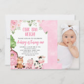 ピンクのフローラファームフォト第1の誕生日招待状 招待状 (正面)