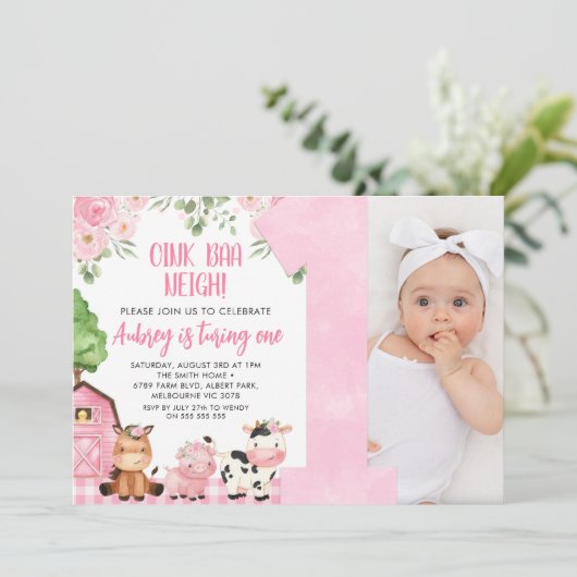 ピンクのフローラファームフォト第1の誕生日招待状 招待状 (スタンド正面)