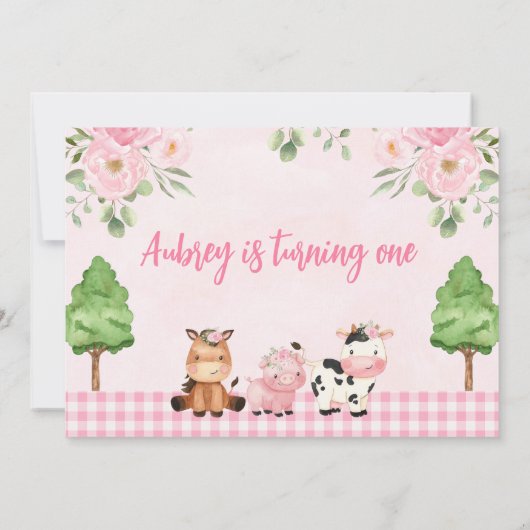 ピンクのフローラファームフォト第1の誕生日招待状 招待状 (裏面)
