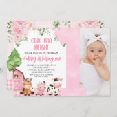 ピンクのフローラファームフォト第1の誕生日招待状 招待状 (正面/裏面)