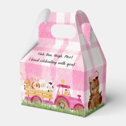 ピンクのフローラファーム納屋周囲の庭誕生日パーティーお願いボックス フェイバーボックス (裏面サイド)