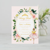 ピンクのフローラフェアリー最初の誕生日金ゴールド 箔招待状 (立ち正面)