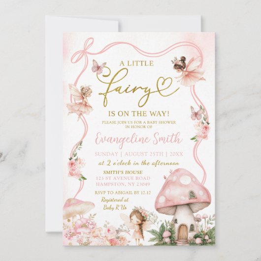 ピンクのフローラフェアリー赤ちゃんシャワー招待状 招待状 (正面)