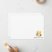ピンクのフローラフェイク金ゴールド文字Bモノグラム名 ノートカード (正面/裏面インサイチュ)