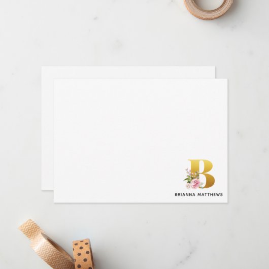 ピンクのフローラフェイク金ゴールド文字Bモノグラム名 ノートカード (正面/裏面インサイチュ)
